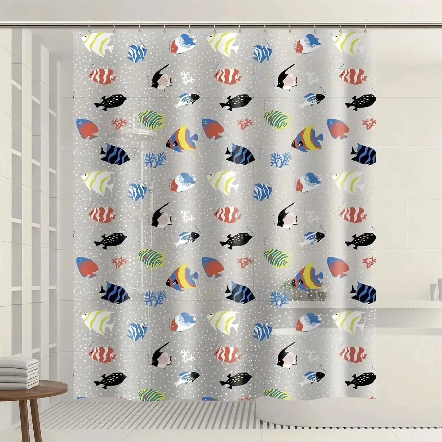 Tropical fish shower curtain, made of PEVA, colorful ocean pattern - transparent bathroom decor with durable metal grommets from PriceLows™