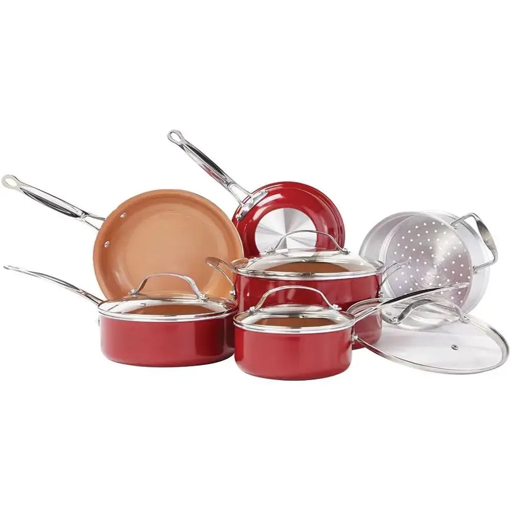 10 Pcs Red Copper Cookware Set Copper-Infused Ceramic Non-Stick Pots Pans Kitchen Cooking Tools from PriceLows™