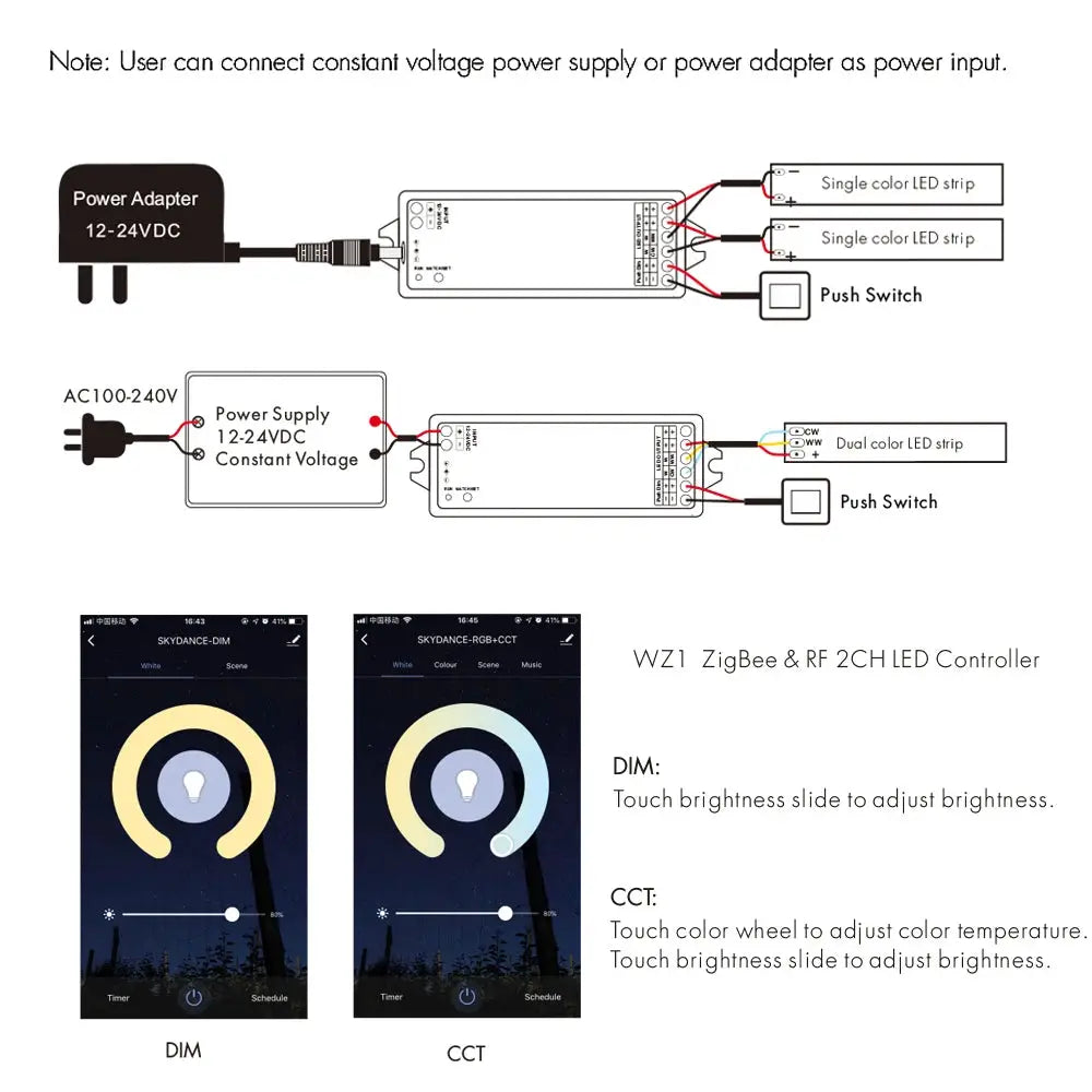 2in1 Zigbee LED Controller 12V 24V Dimmer CCT WWCW Strip Light Control 2.4G RF Touch Remote Tuya Smart Life APP for Alexa Google from PriceLows™