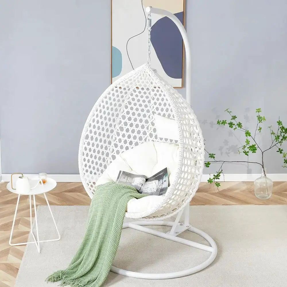 White Outdoor Indoor Hanging Egg Chair with Stand & Cushions, Perfect for Patio, Balcony, Backyard, and Living Spaces from PriceLows™