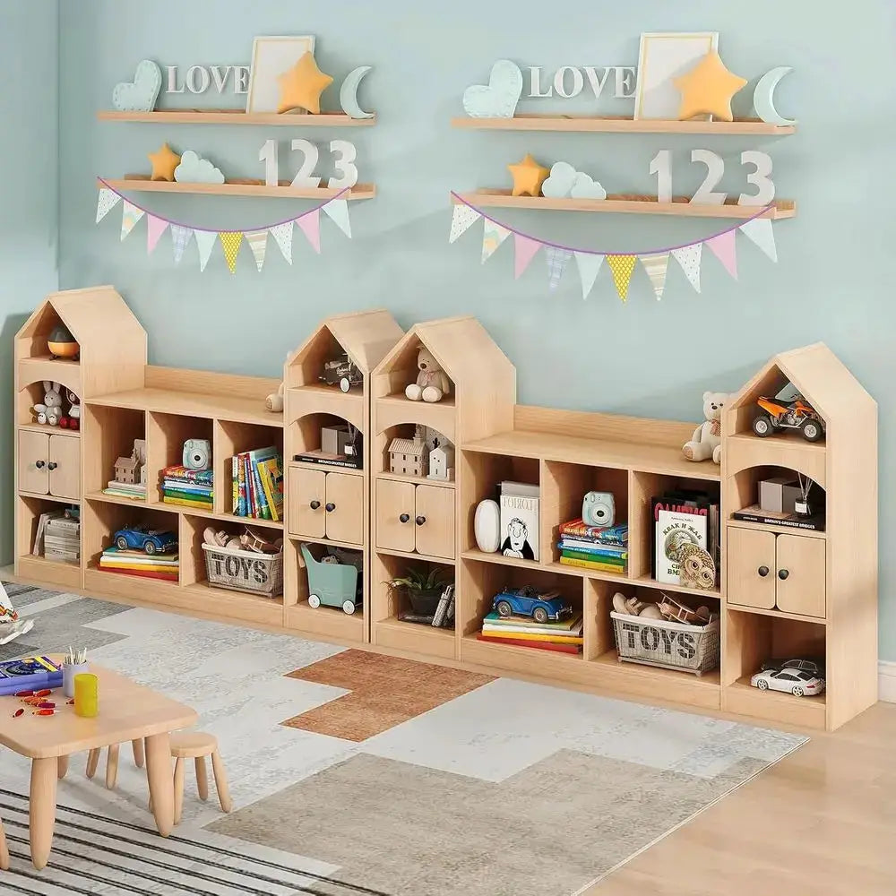 Children's Castle-Shaped Bookcase and Toy Organizer, Oak Finish, Multipurpose Storage for Playroom from PriceLows™