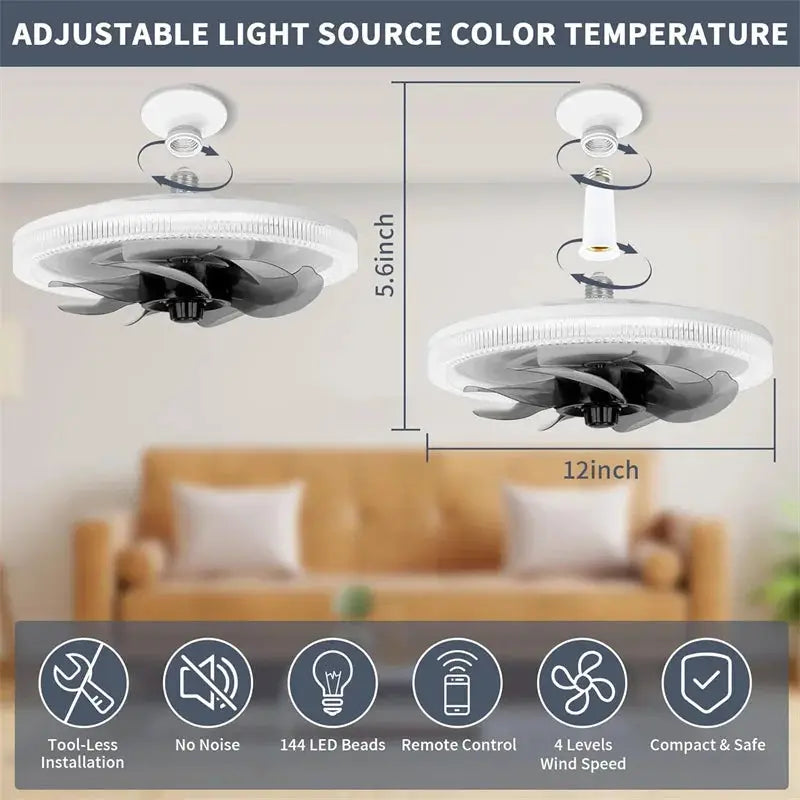 LED Ceiling Fan | Remote Control | E26 Base Socket, 3 Color Dimmable | Bedroom