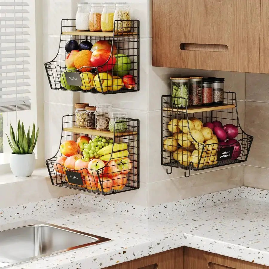 Pack Fruit Basket for Kitchen with Wood Lid CounterampWall Mounted Onion and Potato Storage with Nameplate, Stackable Storage Ba from PriceLows™