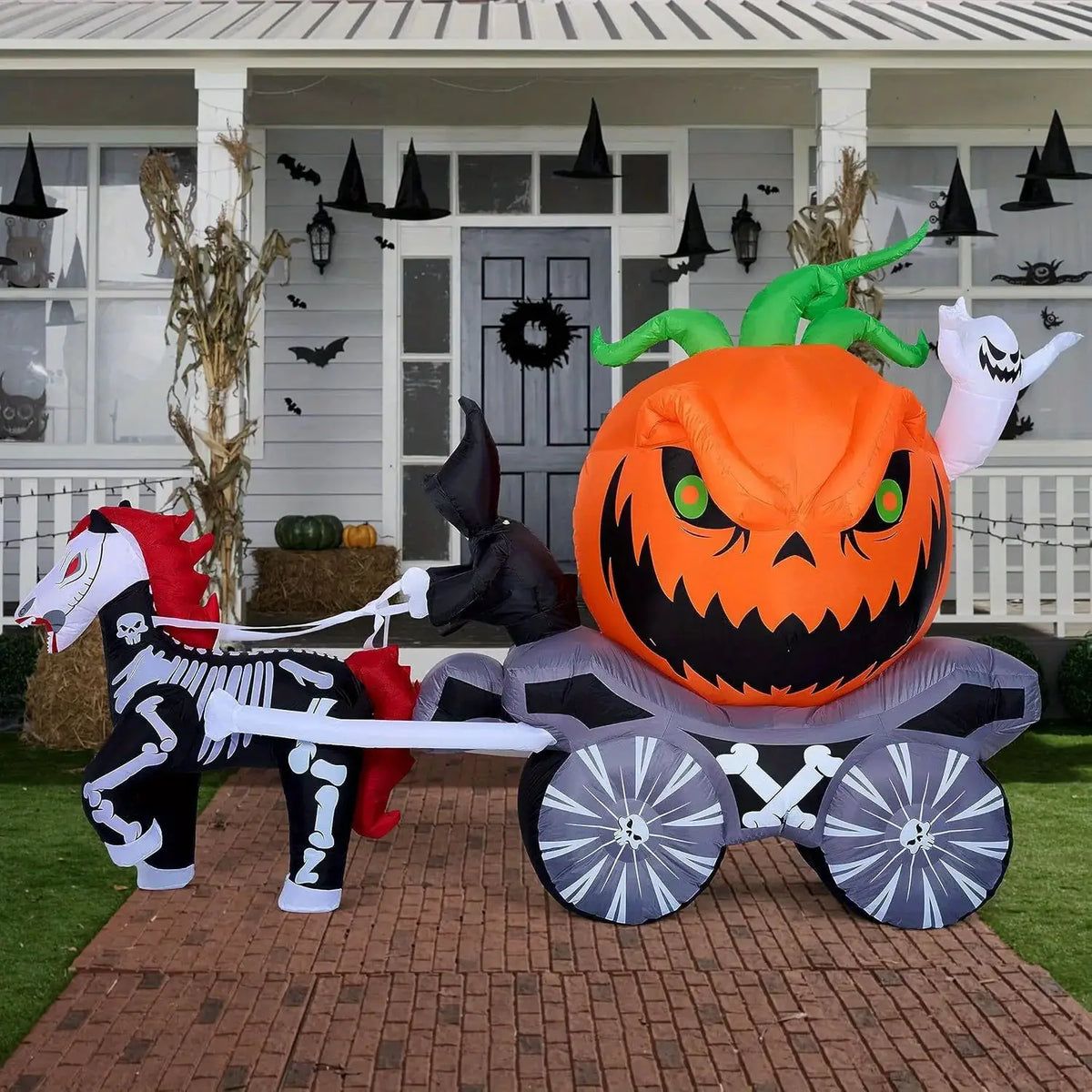 Halloween Inflatable Pumpkin Carriage | Built In Led Lights | 8 Ft Yard