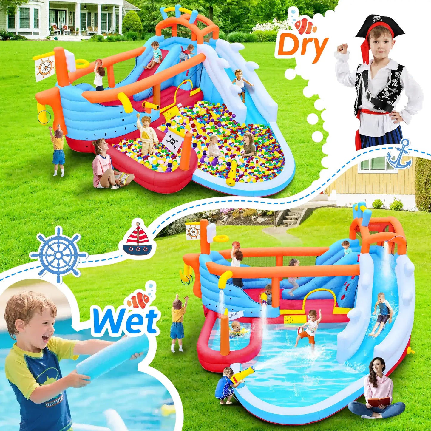 9-in-1 Inflatable Water Slide Park, Kids Bounce House with Jump Area, Dual Slides, Outdoor Backyard Party Inflatable Bouncy Cast from PriceLows™