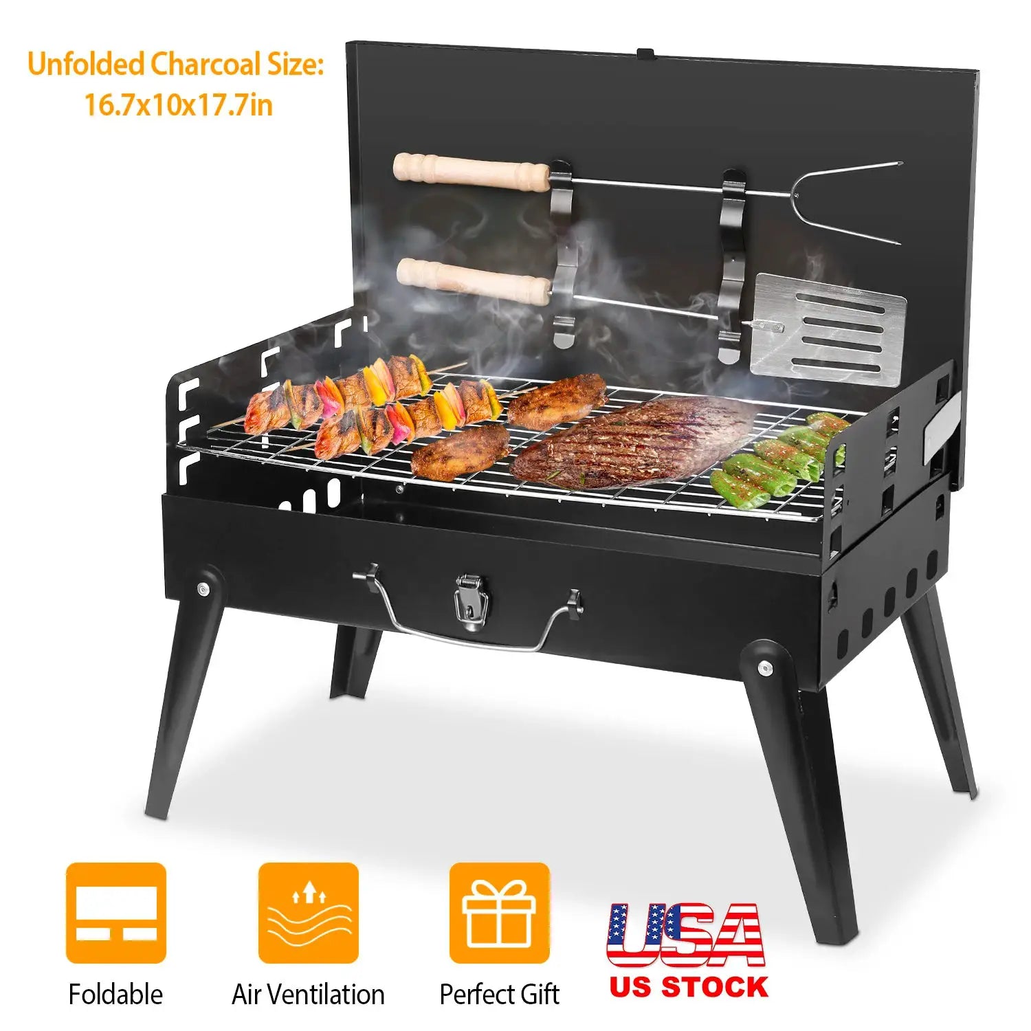 Portable Charcoal BBQ Grill Folding Desktop Barbecue Rack for Outdoor Camping Picnic 3-Level Adjustable - Fast US Shipping from PriceLows™