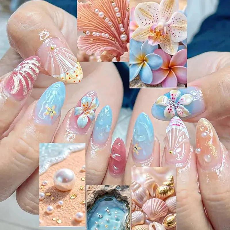 Almond Press On Nails | Acrylic Finish | Pearl Flower Design | 24 Piece Set