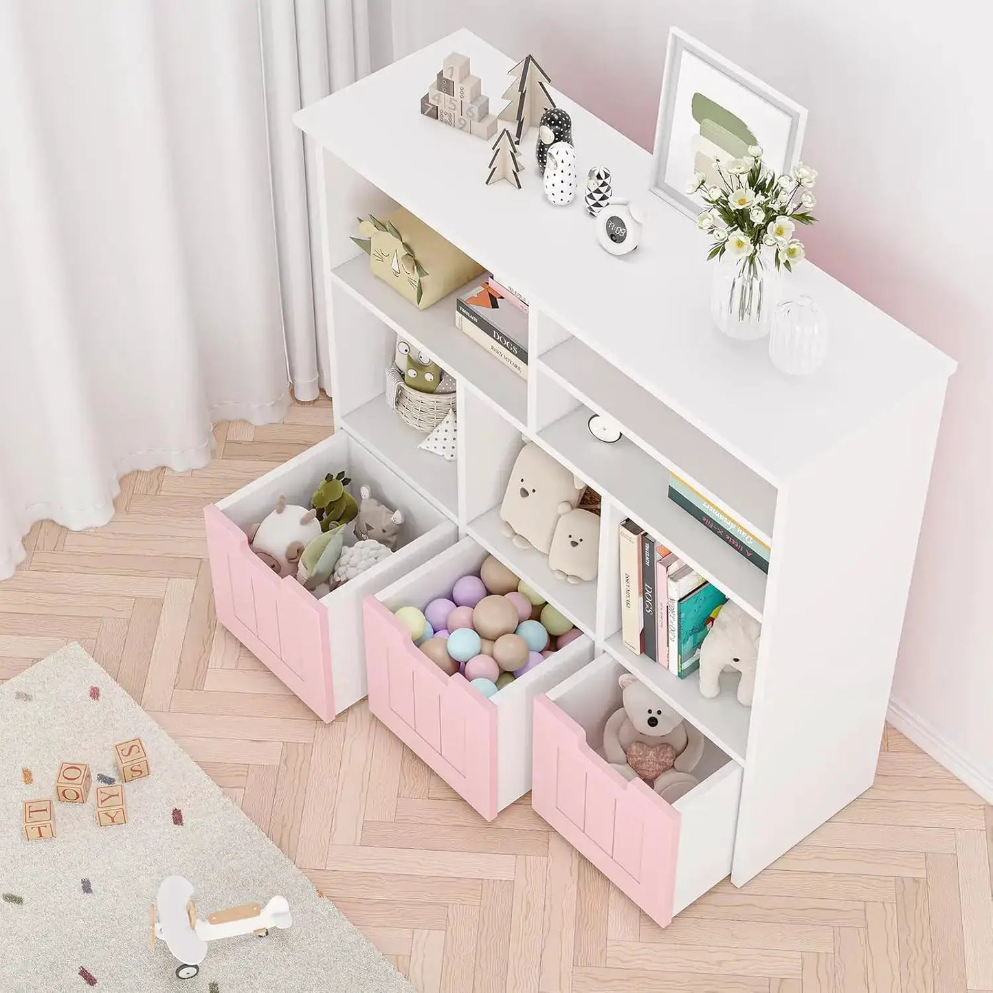 Kids Bookcase Toy Organizer White/Pink Storage Cabinet with 3 Movable Drawers Multi-Purpose Nursery & Playroom Furniture from PriceLows™