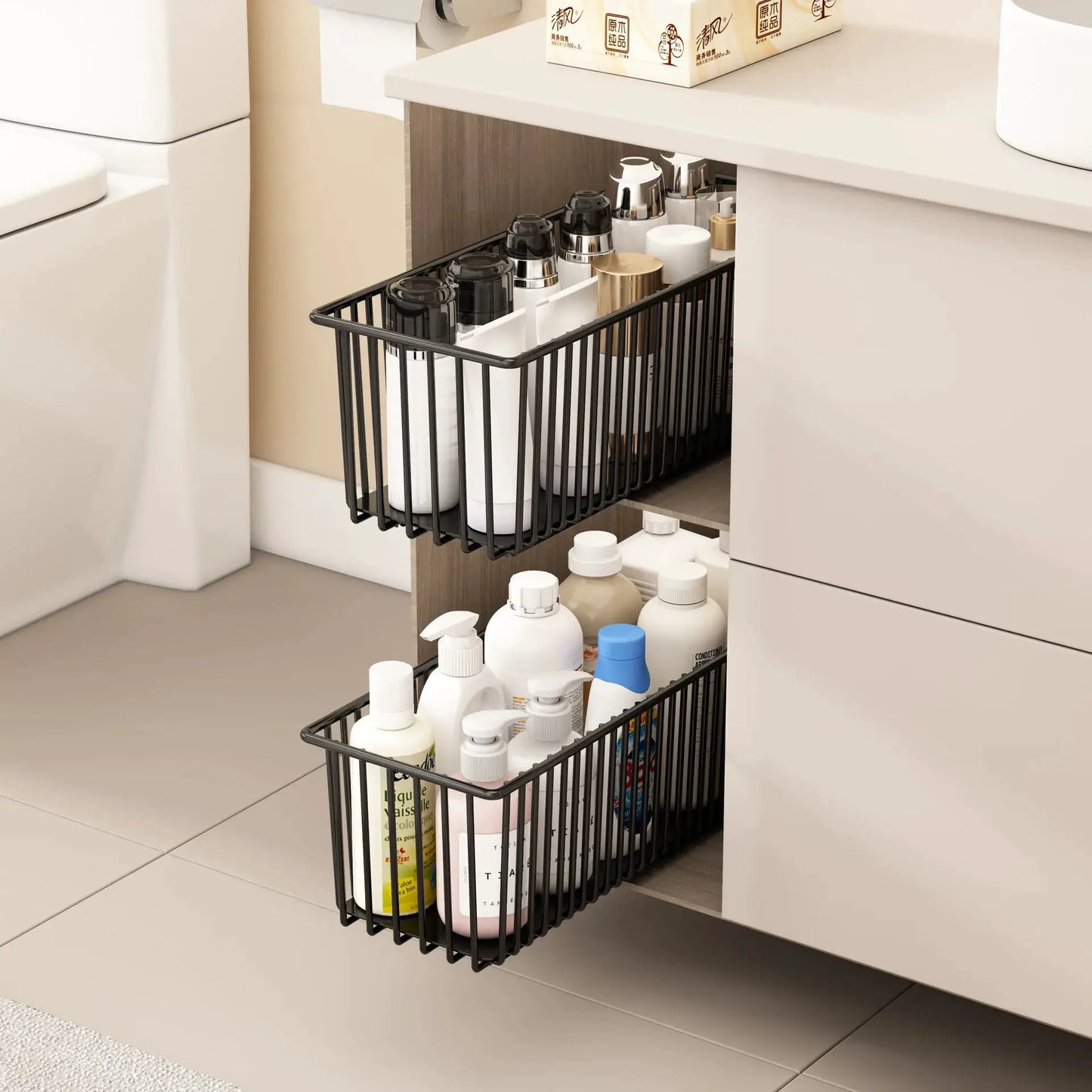 Pull Out Cabinet Organizer, 2 Pack Slide Out Drawers Pantry Shelves Under Sink Clutter Organizer, Storage for Kitchen Bathroom from PriceLows™
