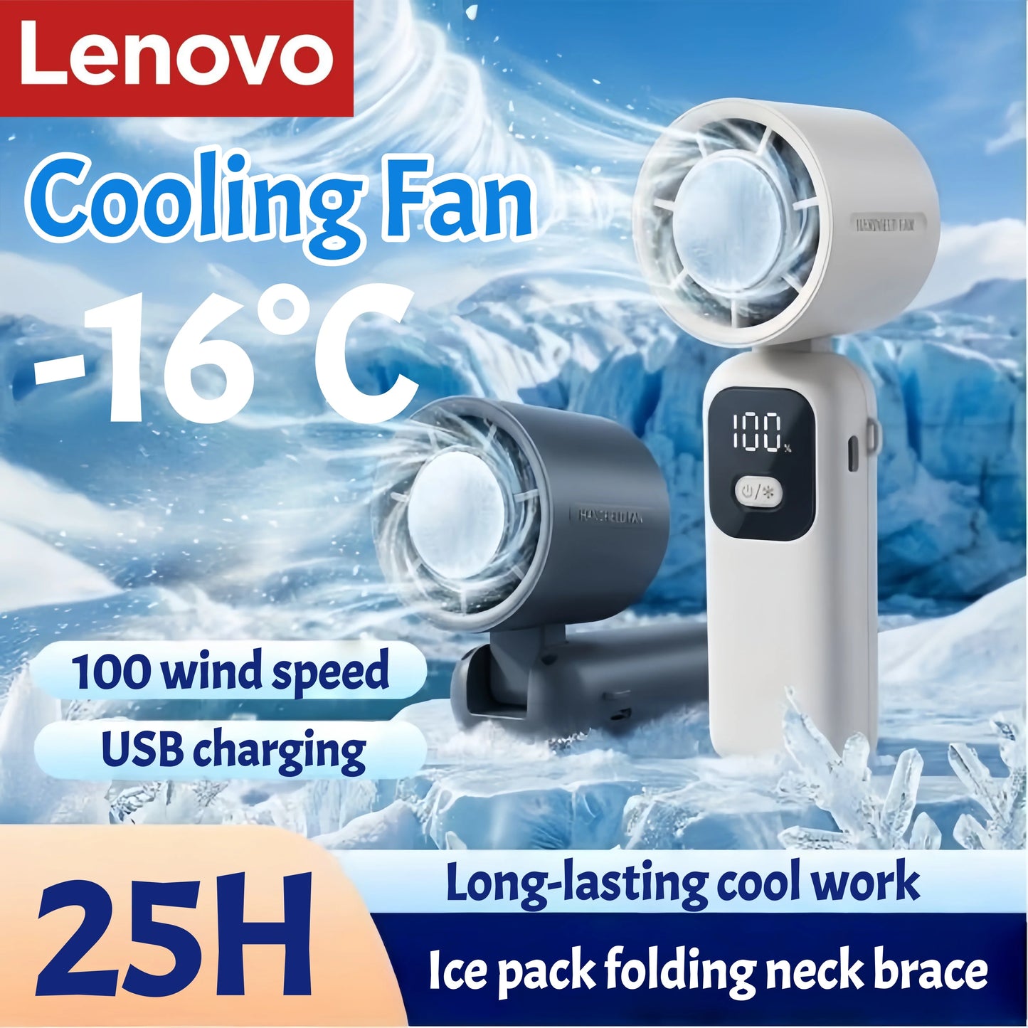 Lenovo Portable Fan | 100 Speed Levels | Foldable Design | One Size