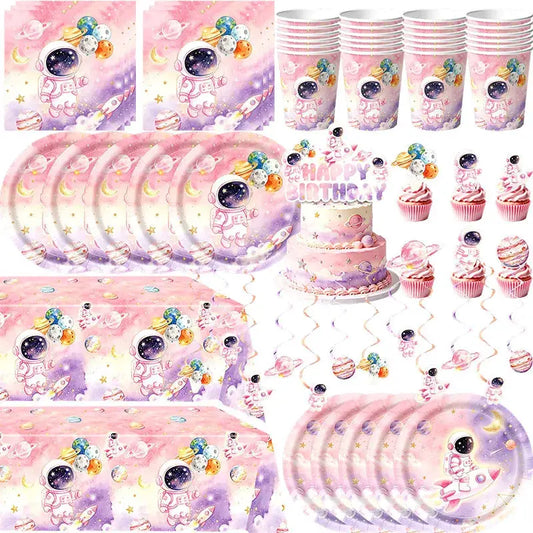 Astronaut Birthday Party Set | 61 Pcs Cup Plates Tablecloth