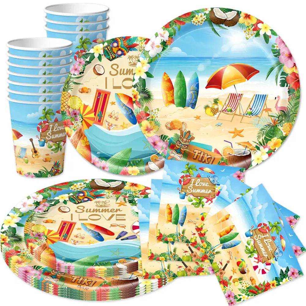 Summer Beach Party Tableware Set | Paper Plates Cups Napkins With Tablecloth