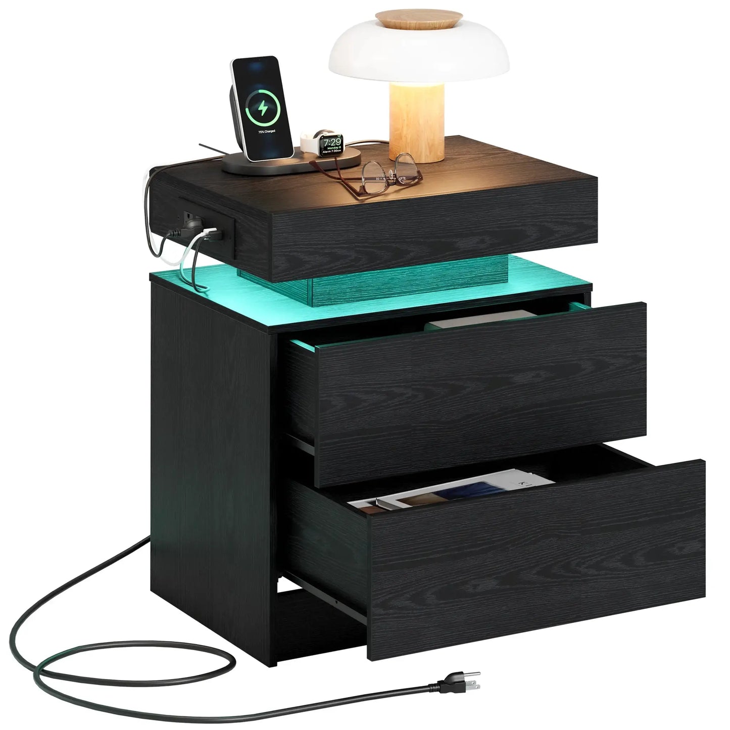 LIKIMIO Night Stand with Charging Station, Modern Nightstand with LED Light and Drawers, Bedside Tables/End Table for Bedroom from PriceLows™