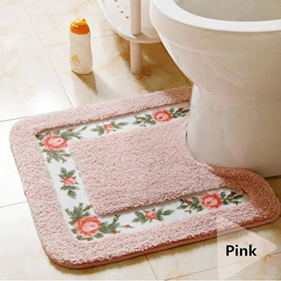 Non-Skid Floral Rose Bathroom Contour Rugs, Set of 2 Soft Shaggy Non Slip Bath Shower Mat and U-Shaped Toilet Floor Rugs from PriceLows™