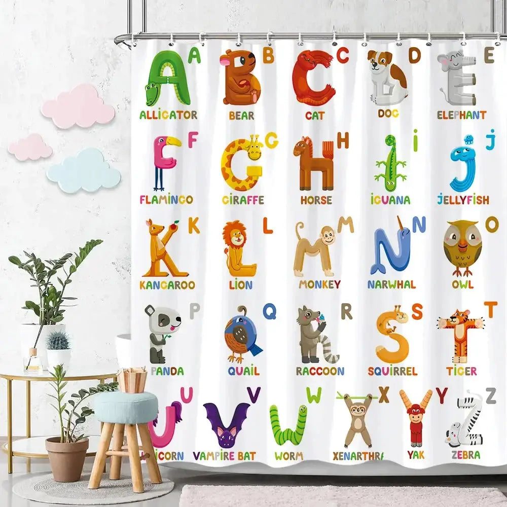 Cartoon Animal Alphabet Shower Curtain Kids ABC Educational Learning Tools Baby Girls Boys Colourful Bath Curtain Bathroom Decor from PriceLows™