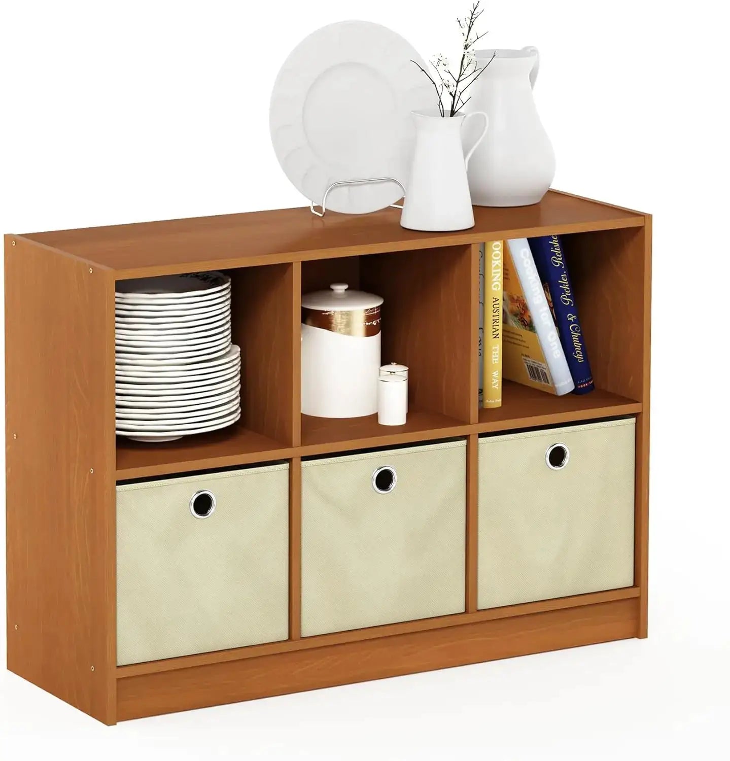 3x2 Cube Bookcase with Storage Bins, Light Cherry/Ivory Finish - 6-Cube Organizer for Home & Office from PriceLows™