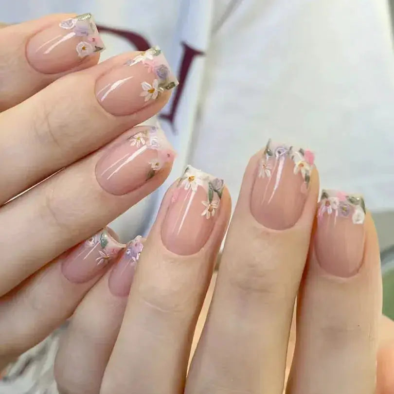Short Almond Press On Nails | Pink Floral French | Reusable Full Cover | 24 Pcs