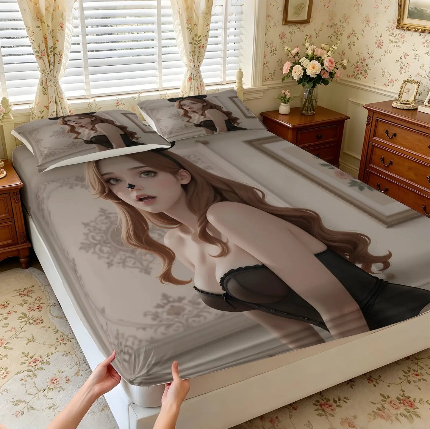 Anime Woof Woof Girl Fitted Sheet, Soft Microfiber Bed Sheet with Pillowcases, Mouse Ear Cosplay Style Mattress Cover for Teens from PriceLows™
