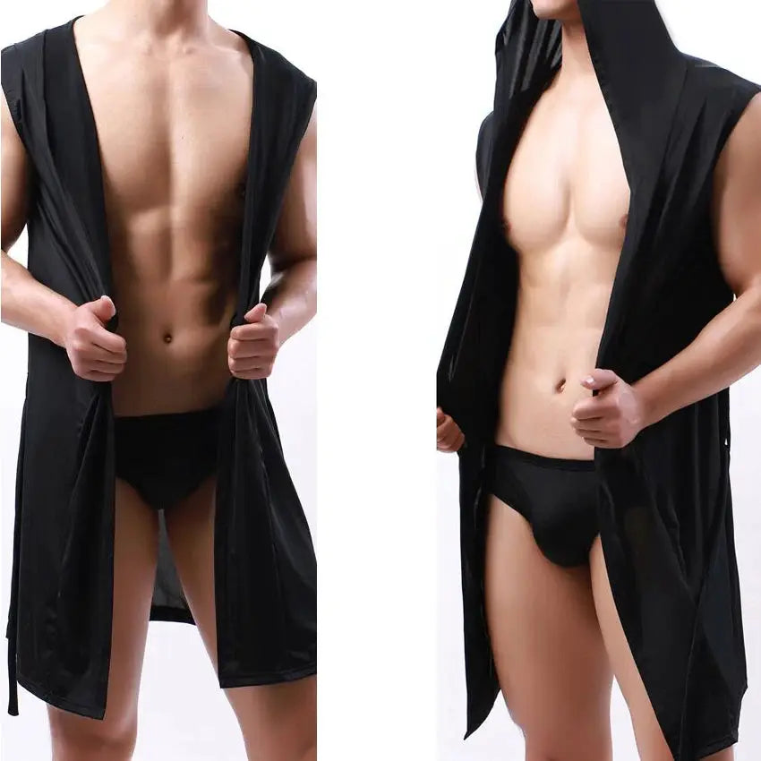 Men Hooded Bathrobe | Sleeveless Cut | Lightweight Mesh | Solid Pattern