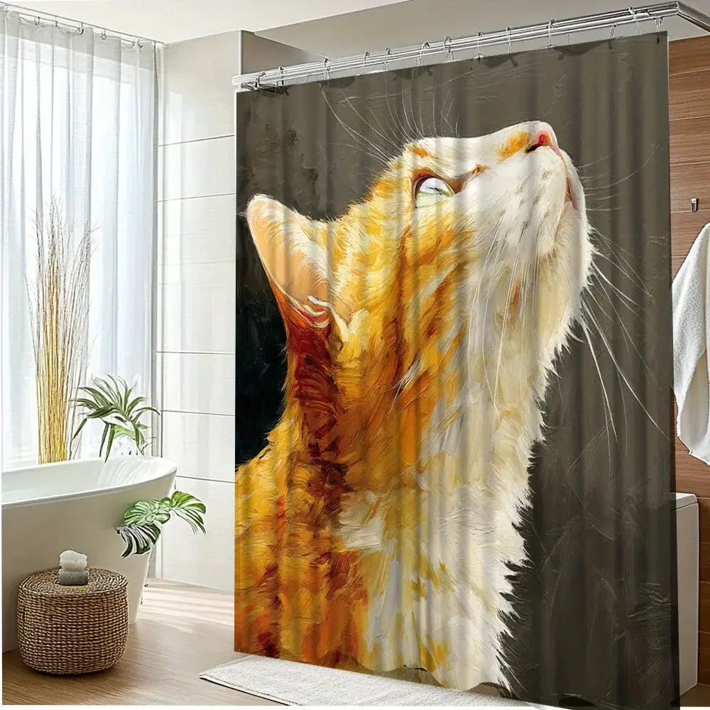 1pc Cat Oil Painting Shower Curtain - Vibrant Feline Art Bathroom Decor, Durable Polyester Fabric with 12 Hooks, 70.8x70.8 Inche from PriceLows™