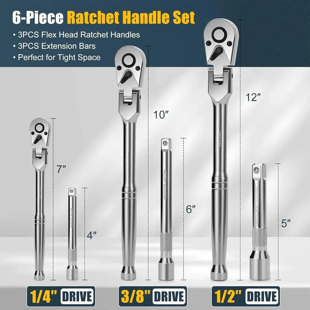 Flex Head Ratchet Set 1/4" 3/8" 1/2" Drive 180° Adjustable Swivel Head Ratchet Wrench with Extension Bar 72 Tooth 6 pcs from PriceLows™