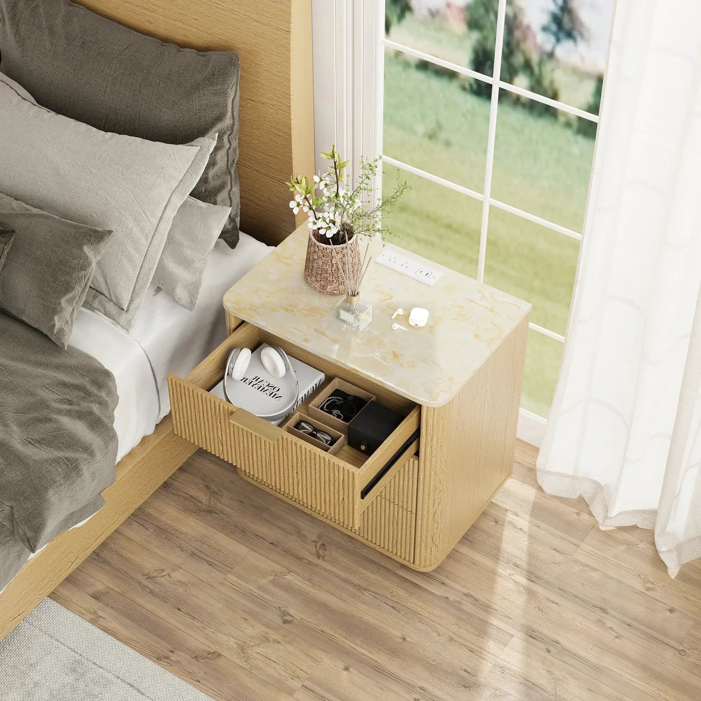 23" Wide Fluted Night Stand with Charging Station,3 Drawers Large End Table with Storage,Black Nightstand Wood Bedside Table, Farmhouse Cabinet Dresser for Bedroom,Closet from PriceLows™