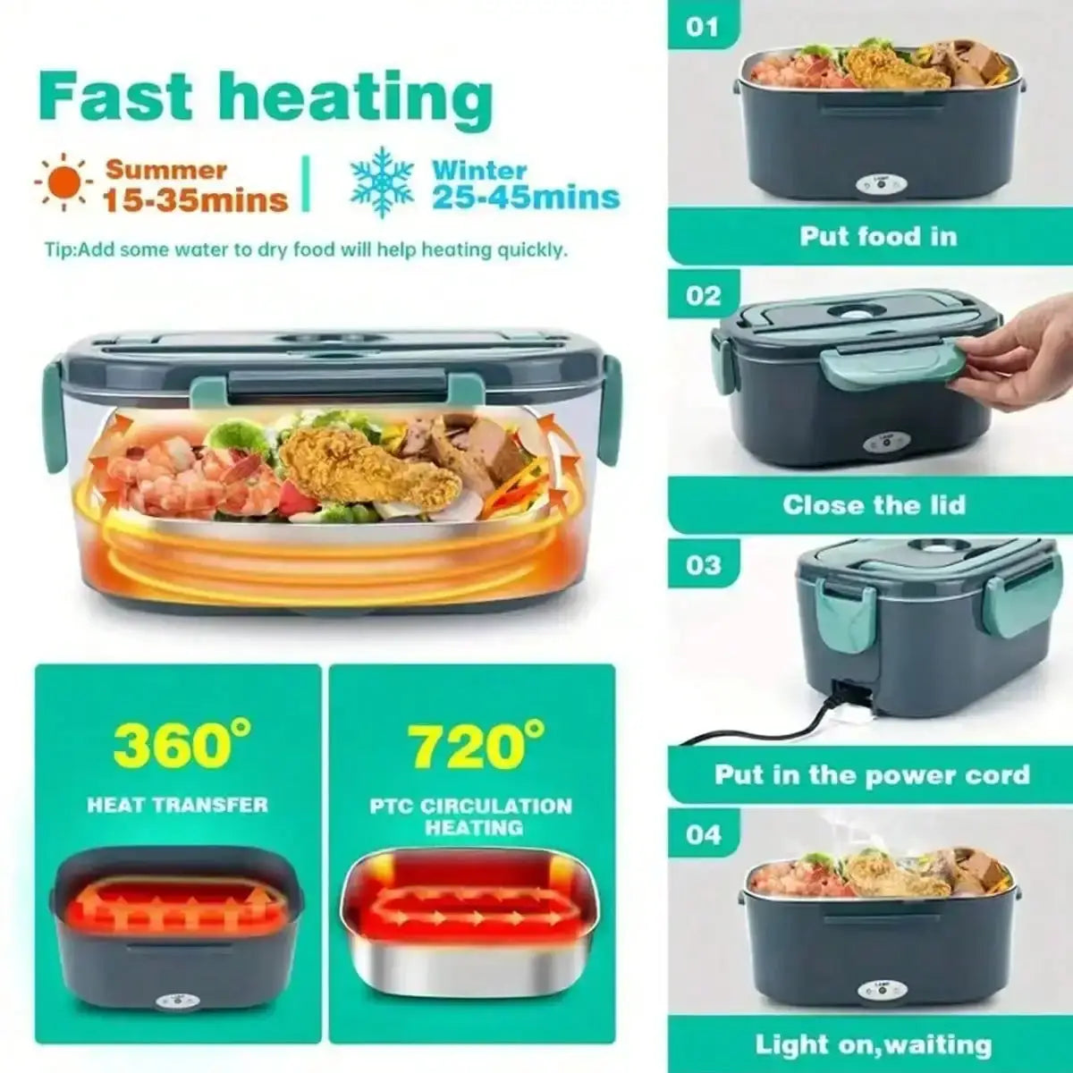 Electric Heating Lunch Box; 1.5L 304 Stainless Steel Dual Compartment Food Warmer, 12V Car Use, Portable Heated Bento Box With Fork, Spoon & Insulated Bag, Viral Must-Have For Office, Travel & Road Trips, Perfect Gift For Com from PriceLows™