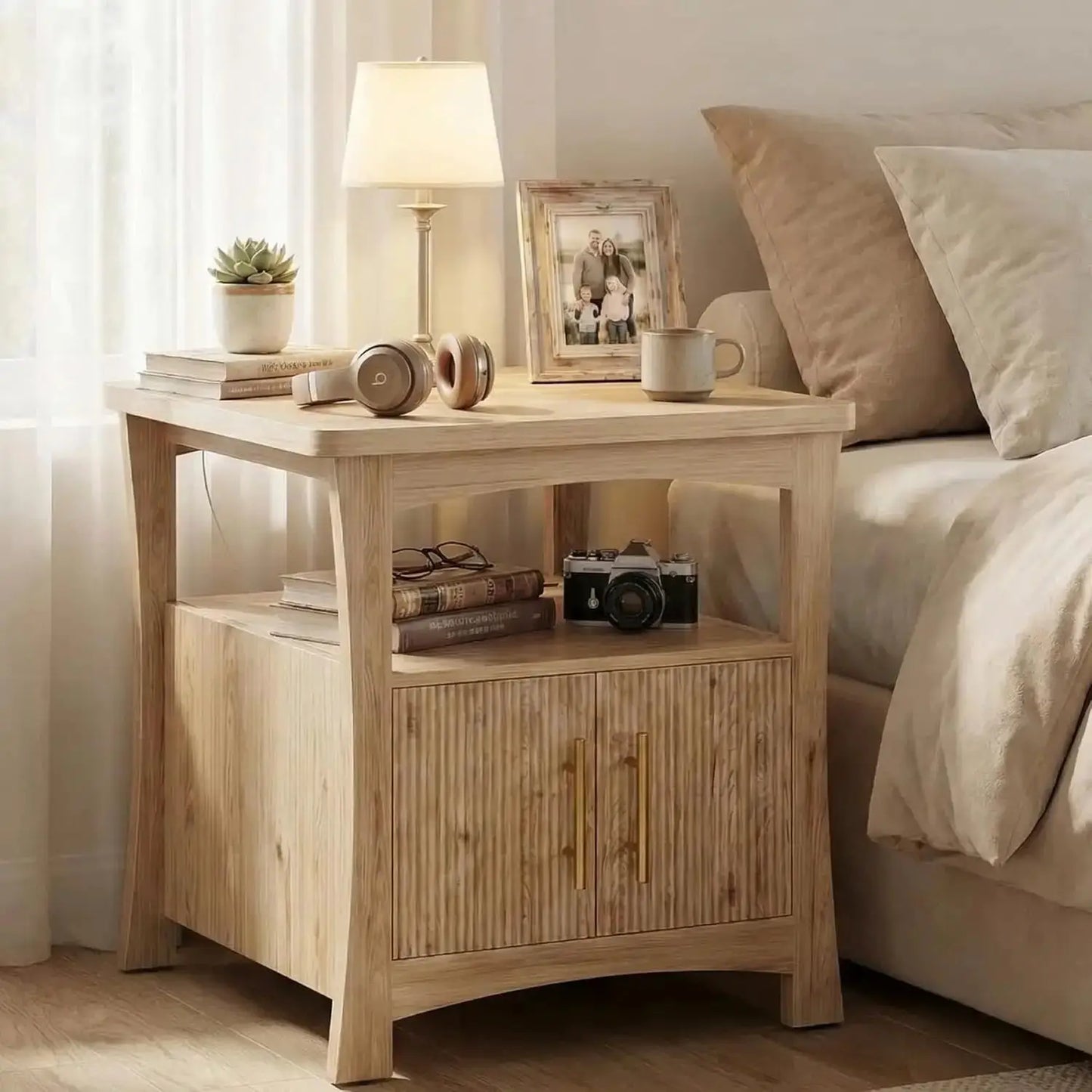 Nightstand with Charging Station, Wood Night Stand, 23.6inch Large Bedside Table with Storage, End Table for Bedroom, Oak from PriceLows™