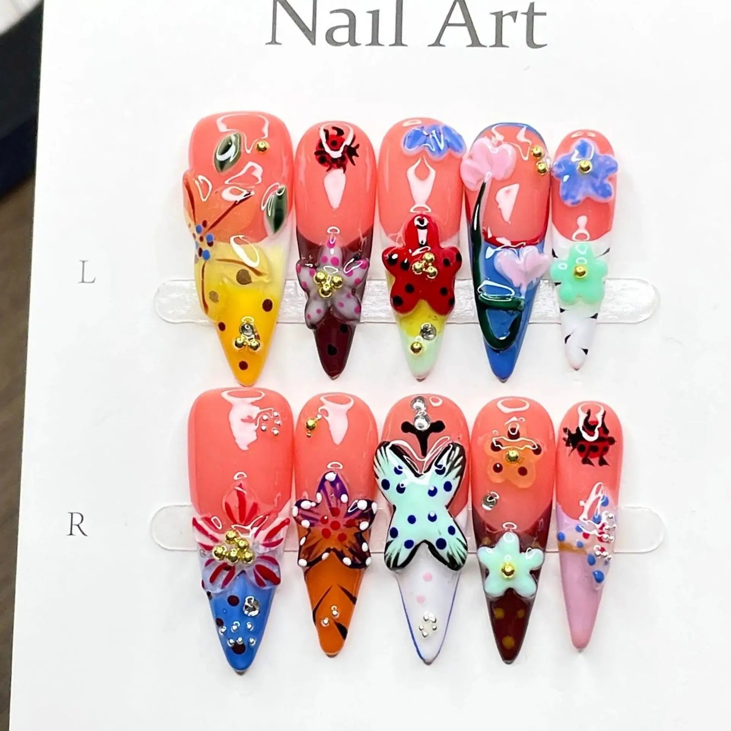 Acrylic Nails | Long Stiletto | Floral Rhinestone Design | 10 Pieces