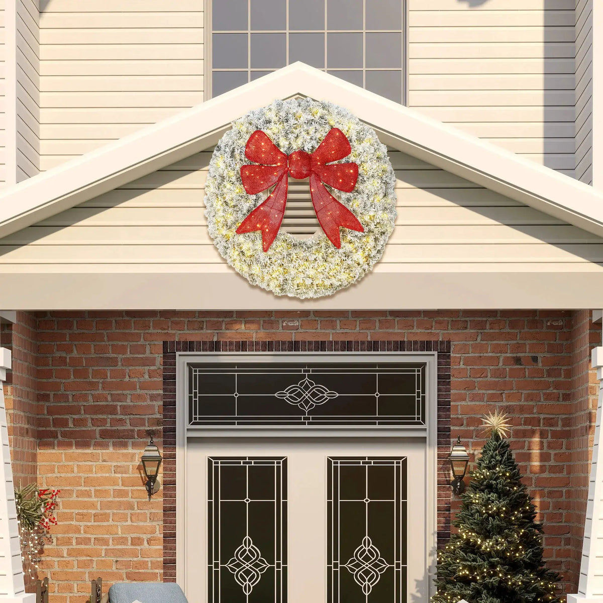 Artificial Christmas Wreath | 48 Inch Flocked | Pre Lit Bulbs | Red Bow Center