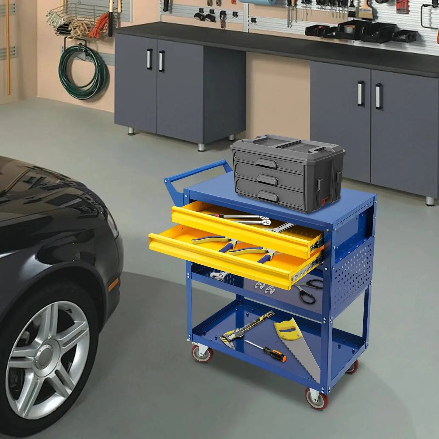 Tool Cart | 5 Shelf 2 Drawer | 400 Lb Capacity Carbon Steel | Black