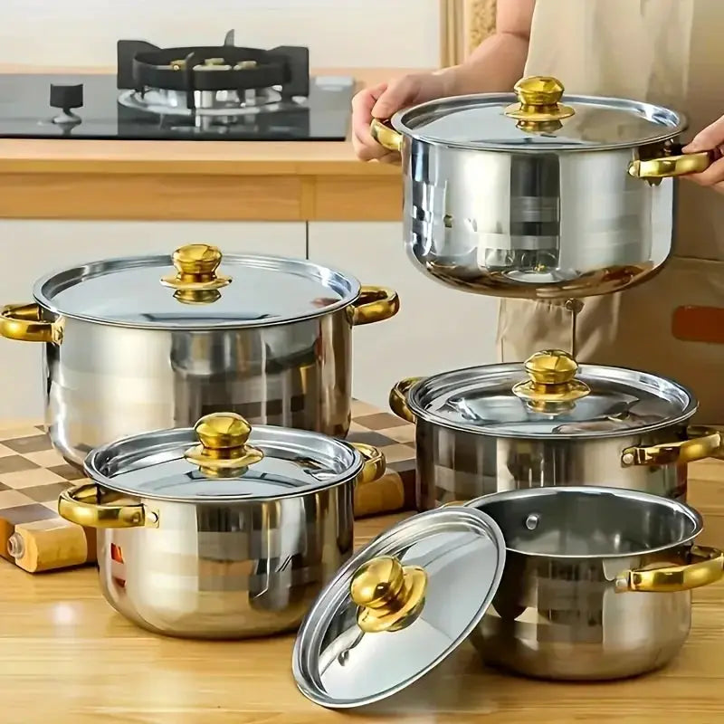 us10/12pcs Stainless Steel Cookware Set - Non-Stick Frying Pan, Stockpot And Milk Pot with Lid - Multi-Functional Kitchen Essentials, No Charging, No Batteries, Oranged from PriceLows™