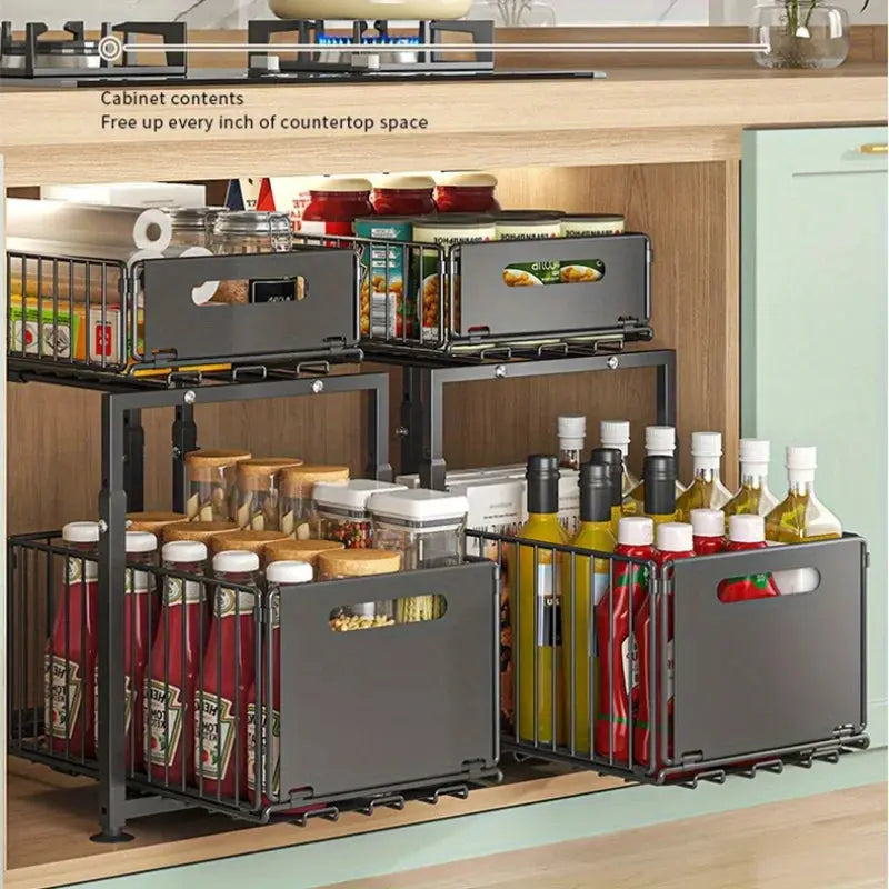 2 Tier Slide Out Cabinet Organizer Heavy Duty, Under Sink Storage Shelf for Kitchen Bathroom, Adjustable Metal Shelf 1/2 Pack from PriceLows™