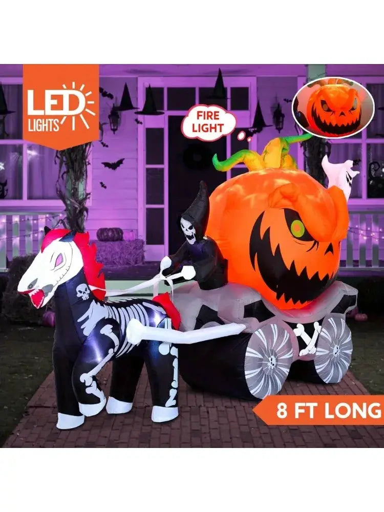Halloween Inflatable Pumpkin Carriage | Built In Led Lights | 8 Ft Yard