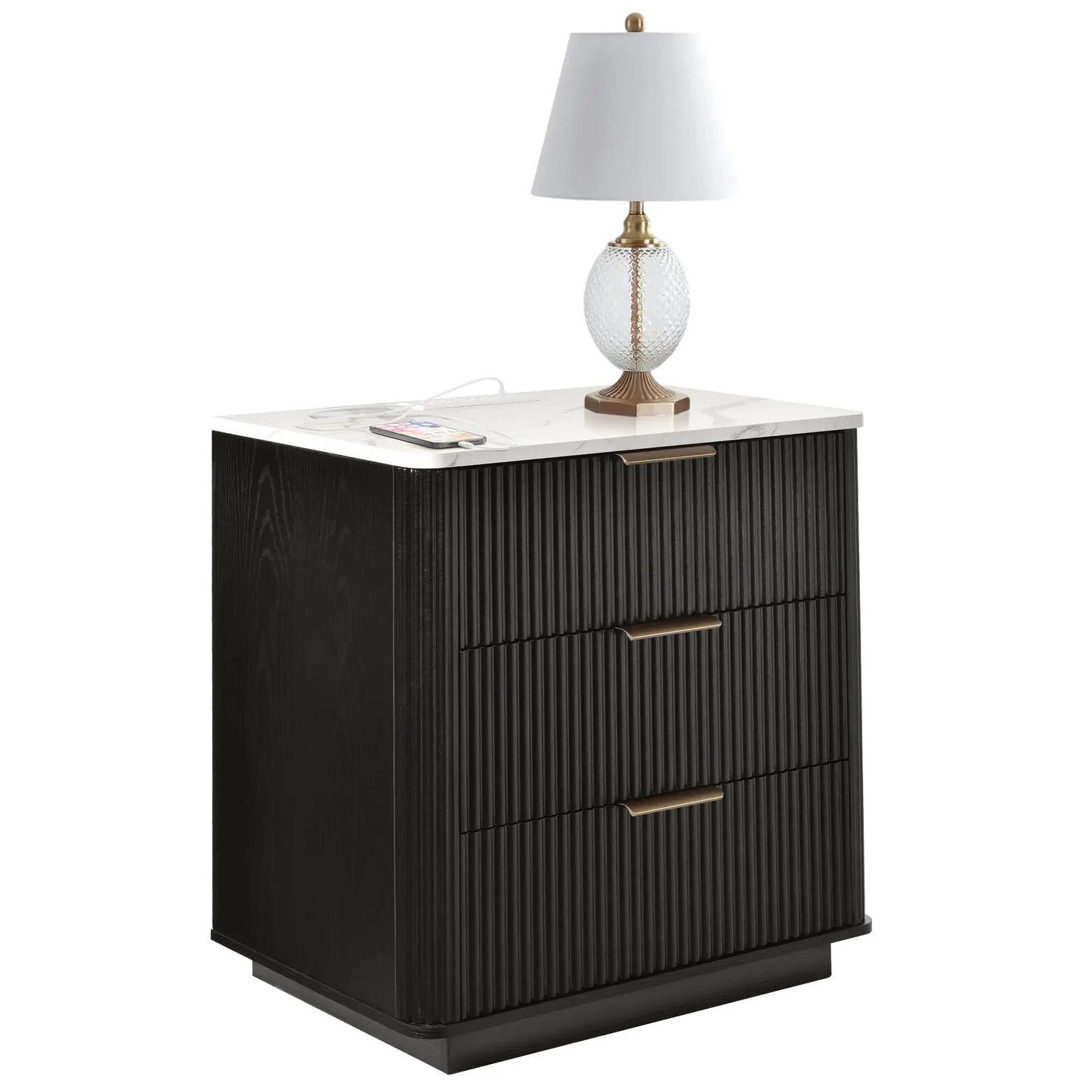 23" Wide Fluted Night Stand with Charging Station,3 Drawers Large End Table with Storage,Black Nightstand Wood Bedside Table, Farmhouse Cabinet Dresser for Bedroom,Closet from PriceLows™
