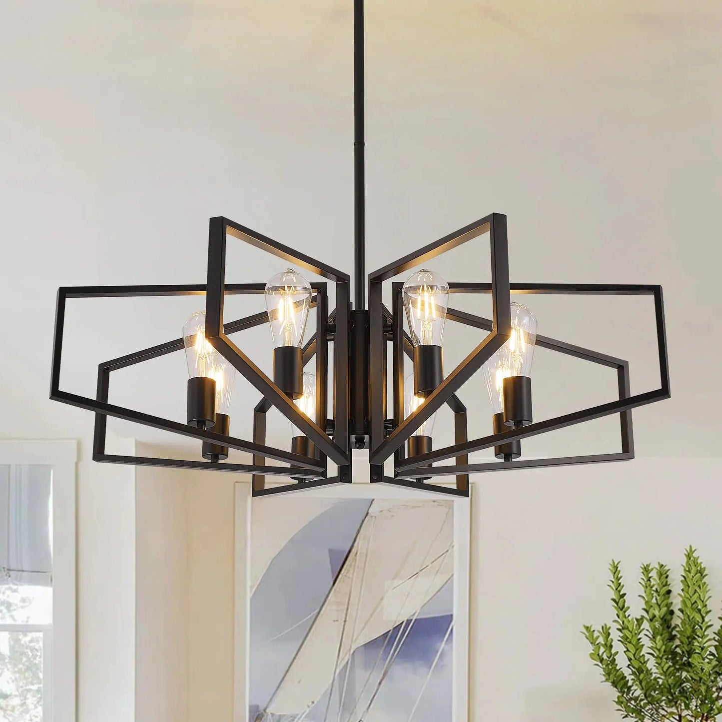 Modern 8-Light Geometric Chandelier Adjustable Height Metal Pendant Light with Black Frame & Golden Accents Ceiling Light Decor from PriceLows™