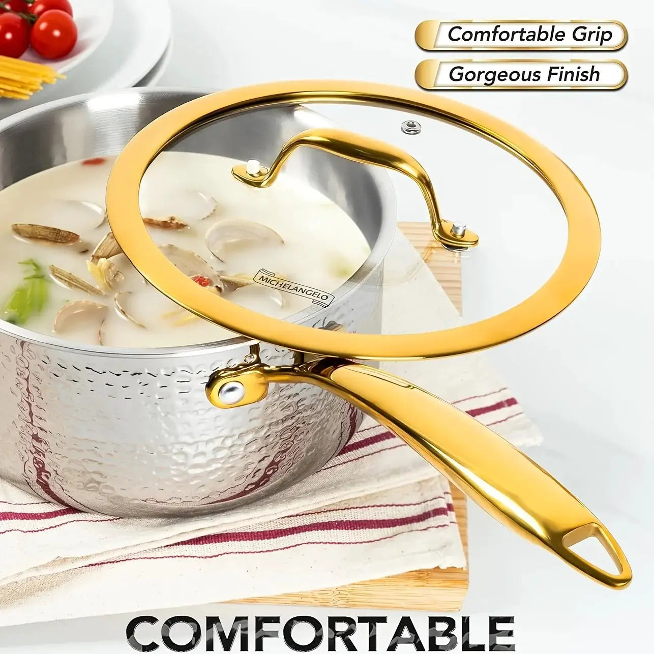 Triply Stainless Steel Saucepan Set, Luxury Hammered Stainless Steel Sauce Pans with Golden Handle, Premium Sauce Pot Set from PriceLows™