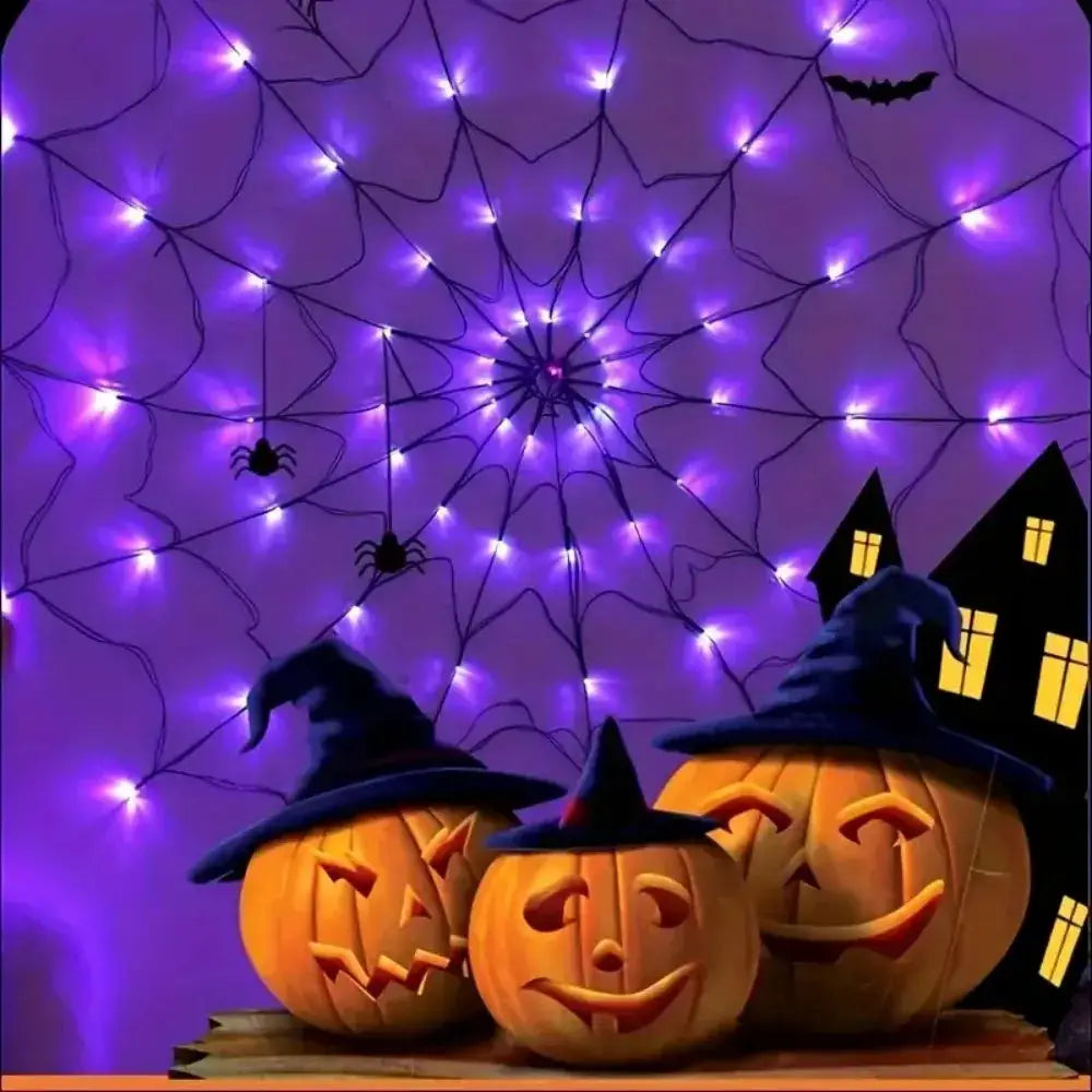 Halloween Spider Web LED String Lights with Plush Spider, USB Powered for Indoor Halloween Party, Haunted House, and Wall Decor from PriceLows™