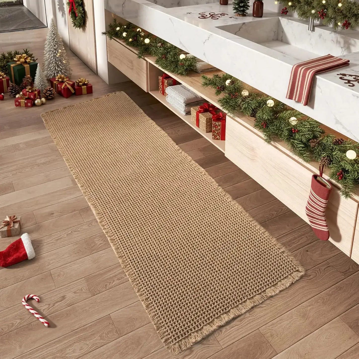 Waffle Bath Mat Set Non Slip Bathroom Rug Super Absorbent Soft Machine Washable Floor Mat with Tassels from PriceLows™