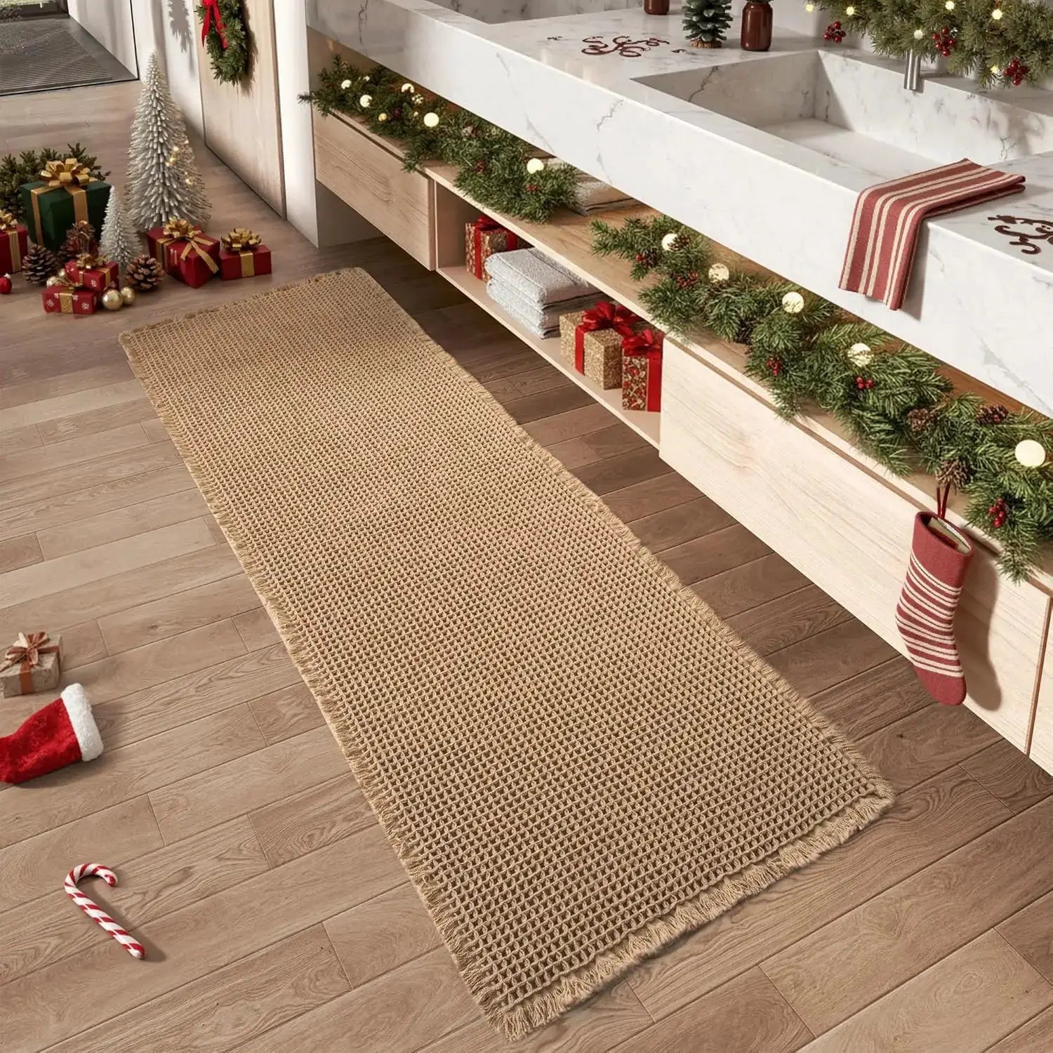 Waffle Bath Mat Set Non Slip Bathroom Rug Super Absorbent Soft Machine Washable Floor Mat with Tassels from PriceLows™