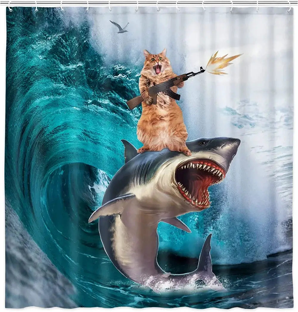 Funny Cat Shower Curtain Cool Cat Riding Shark Seagull On Ocean Sea Blue Waves Kids Creative Design Bathroom Curtain Polyester from PriceLows™