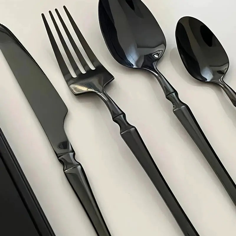 40/60-piece black stainless steel cutlery set, mirror polished, including dinner forks, steak knives, and soup spoons, suitable from PriceLows™