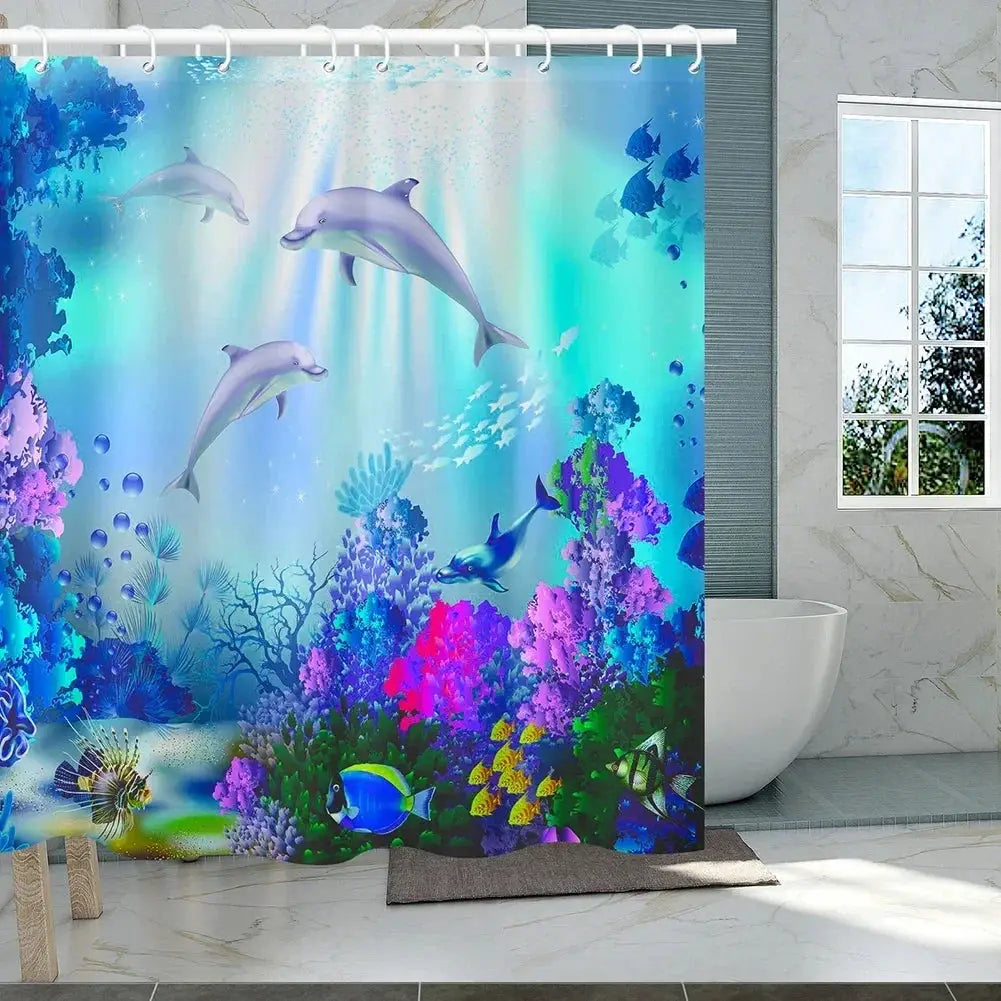 Ocean Underwater World Shower Curtains Set Dolphin Animal Cheerful Marine Life Scenery Polyester Fabric For Kids Bathroom Decor from PriceLows™