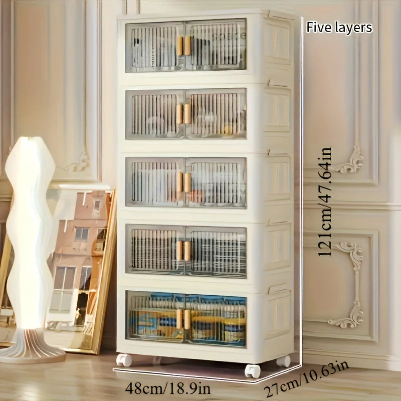 Stackable Plastic Storage Cabinet with Doors & Wheels, Large Capacity Easy-Assemble Durable Closed Bedroom Organizer from PriceLows™