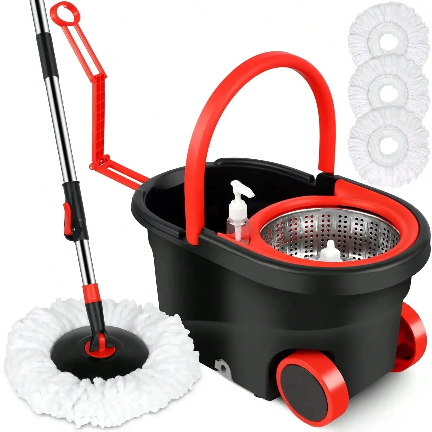 Heavy Duty Rolling Spin Mop Bucket Set with Wringer, 3 Microfiber Mop Heads, Adjustable Handle for Home Floor Cleaning” from PriceLows™