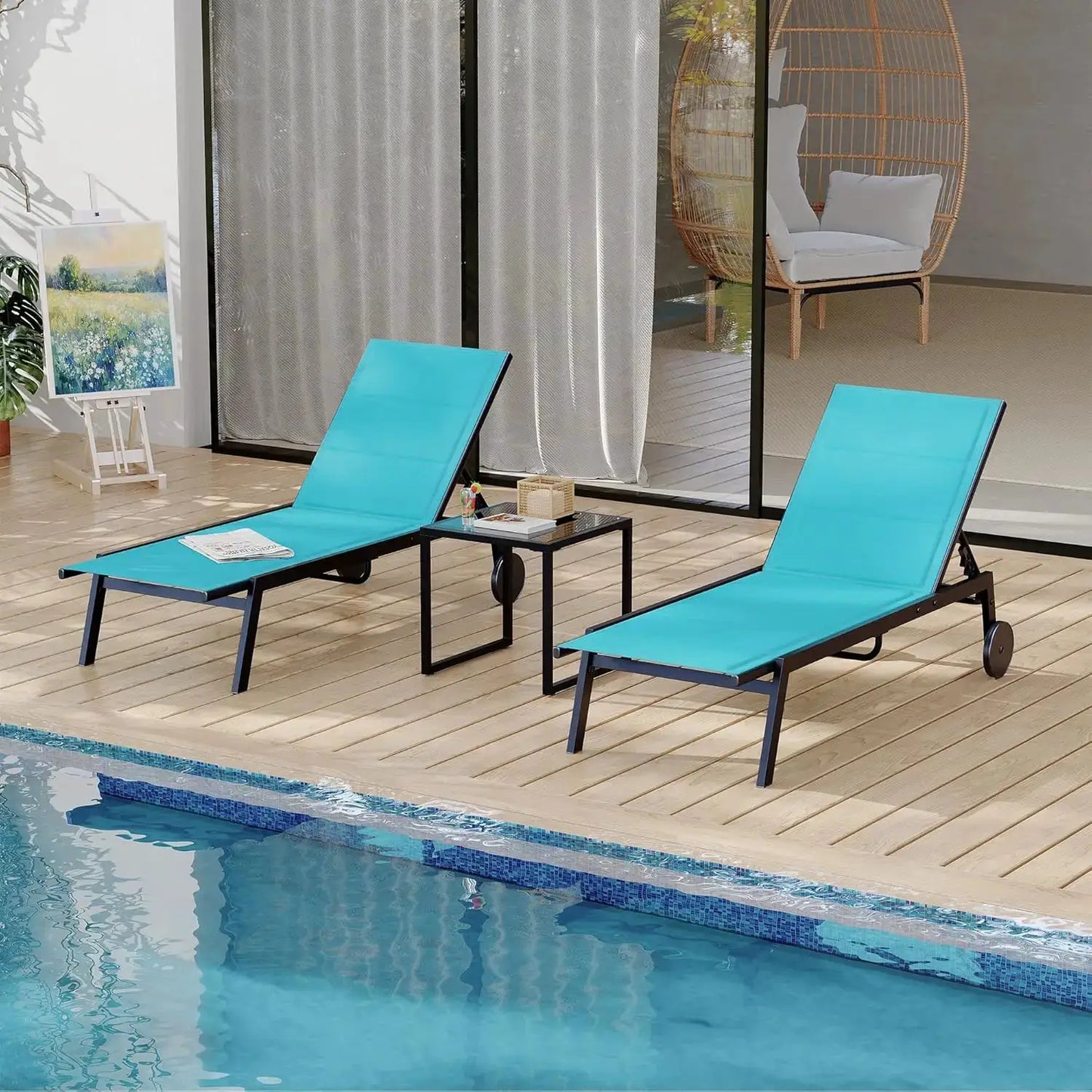 3 Pieces Patio Chaise Chairs Set, Pool Loungers with Side Table, outdoor Chaise Lounges Chair with Wheels, Adjustable Position from PriceLows™