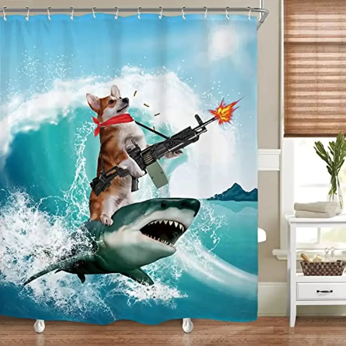 Funny Kids Shower Curtains For Bathroom Decor Corgi Cute Dog Riding Shark Nautical Ocean Boys Animal Hilarious Fabric Polyester from PriceLows™