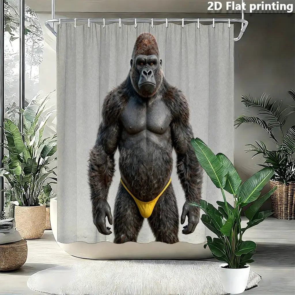 Funny Gorilla Shower Curtain, Strong Ape in Yellow Underwear, Novelty Animal Print Waterproof Bathroom Decor 3D Realistic Design from PriceLows™