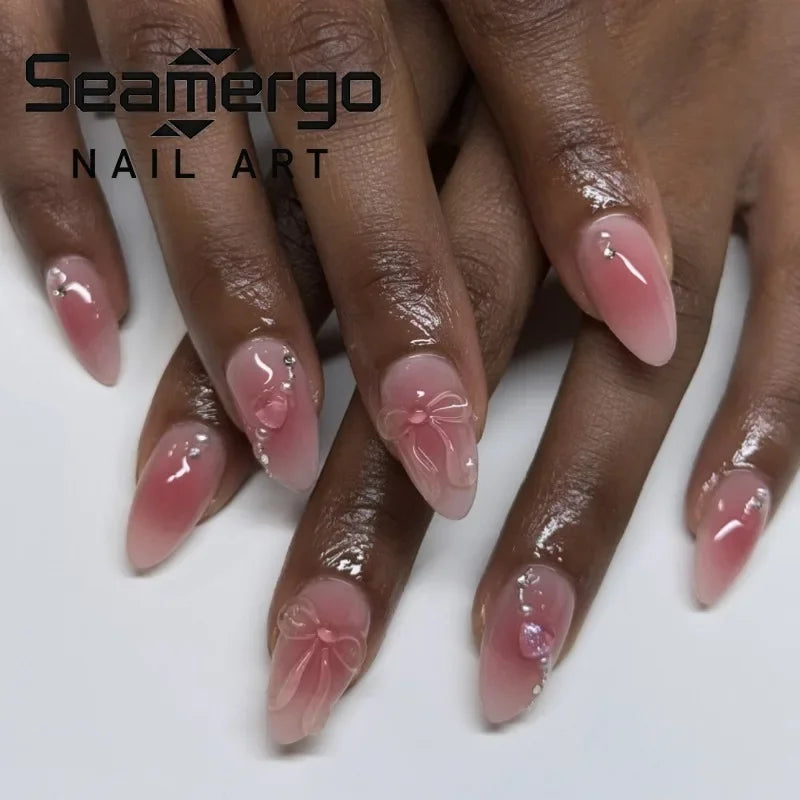 Reusable Press On Nails | Almond Cut | Blush Diamonds Sweetheart Bows | 24 Pcs