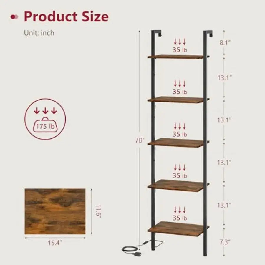 5-Tier Ladder Shelf with LED Light, Wall Mounted Ladder Bookshelf with Metal Frame, Wall Ladder Bookshelf for Living Room, Bedr from PriceLows™